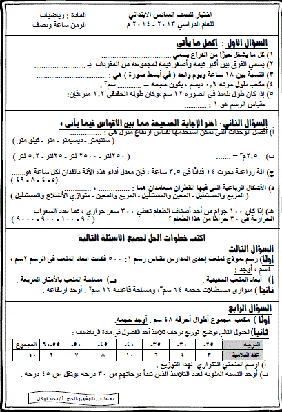 اختبار الفصل الاول لمادة الرياضيات للصف السادس 20160820 527